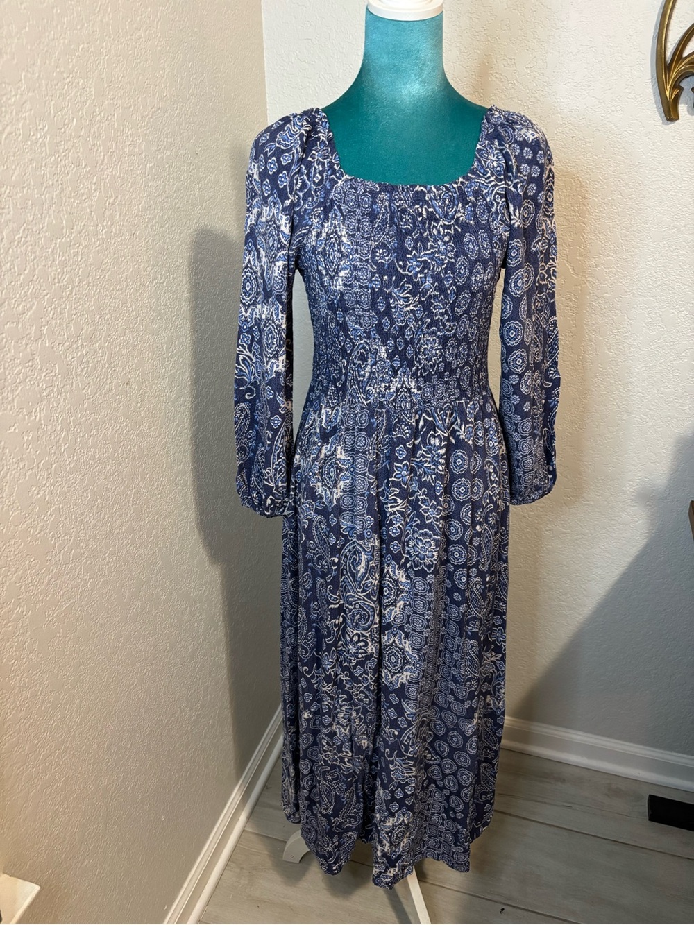 Casa Cabana Blue Paisley Smocked Boho Prairie Maxi Dress S